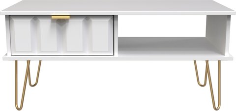 Cube coffee table - 1 drawer - with gold hairpin legs - white
