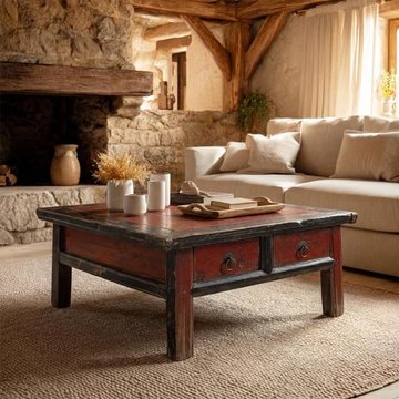 Unique one of a kind - hand painted coffee table - 2 drawer - distressed red and black - solid wood