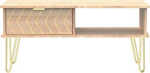Jigsaw coffee table - 1 drawer - with gold hairpin legs - oak