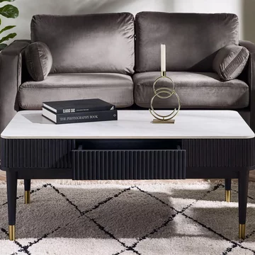 Louis coffee table - 2 drawer - white ceramic top - black fluted base