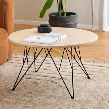 Prunus coffee table - round - beige travertine effect - with black hairpin legs