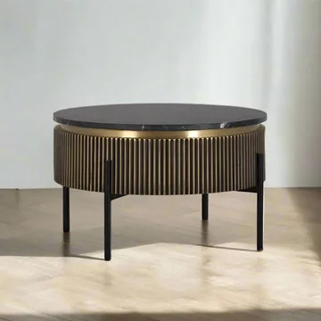 Stephen coffee table - ribbed brass - round - black marble top