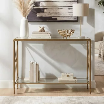 Axis console table - clear glass with gold metal