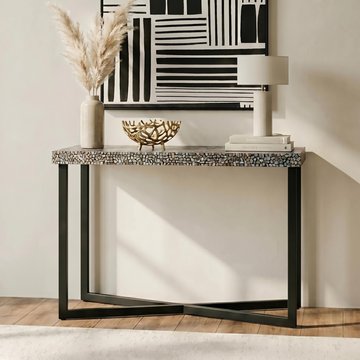 Fusion console table - shell crackle mosaic with black metal