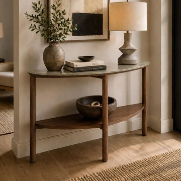 Willow console table - half moon - tobacco walnut and beige - wood and marble effect