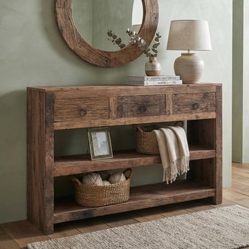 Bassano console table - 3 drawer - natural - distressed recycled wood