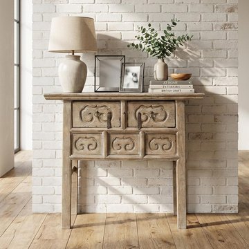 Unique one of a kind - carved console table - 2 drawer - rustic natural - elm wood