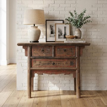 Unique one of a kind - console table - 3 drawer - distressed rustic brown - elm wood