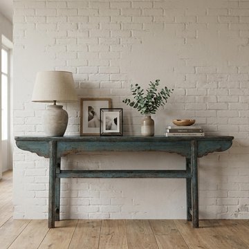 Unique one of a kind - console table - distressed turquoise blue - lacquered pine