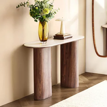 Delphi curved console table - oval - pedestal base - dark brown - ceramic and wooden