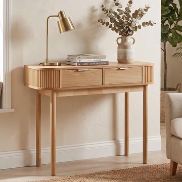 Curved console table - 2 drawer - fluted - natural - pine wood