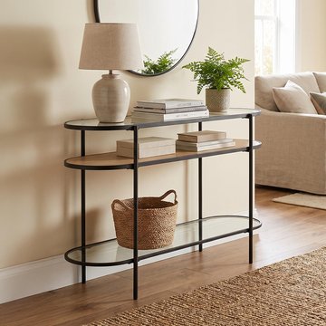 Curved console table - oval - natural and black - glass and metal