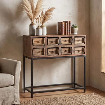 Rough distressed console table - multi drawer - brown and black - recycled wood and metal