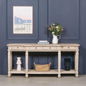 Acacia wood breakfront console table - 4 drawer - large