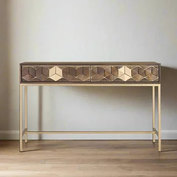 Caltan console table - 2 drawer - walnut mango wood and gold - geometric