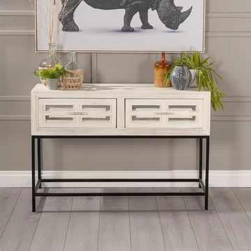 Clearance - geo console table - 2 drawer - white mirrored
