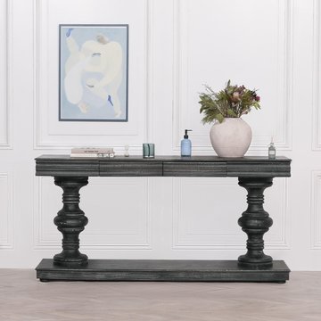 Distressed mango wood console table - 2 drawer - black - large
