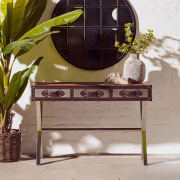 Kensington townhouse console table - 3 drawer - brown and white leather