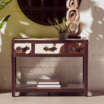 Kensington townhouse console table - 3 drawer - brown and white leather with shelf