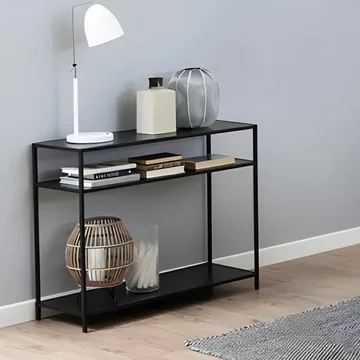 Seaford console table - with shelves - black melamine and metal