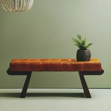 Inca bench - brown leather with teak wood - angular legs