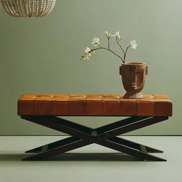 Inca bench - brown leather with teak wood - cross legs