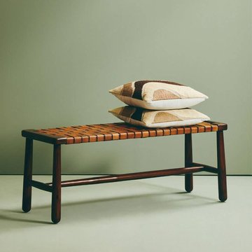 Inca bench - brown leather with teak wood - strapped