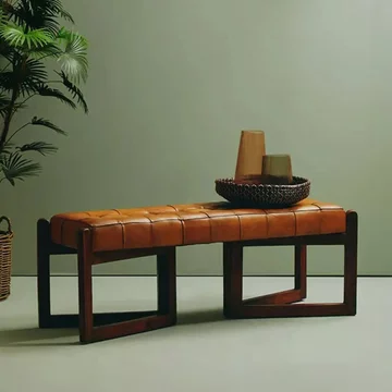 Inca bench - brown leather with teak wood - wooden legs