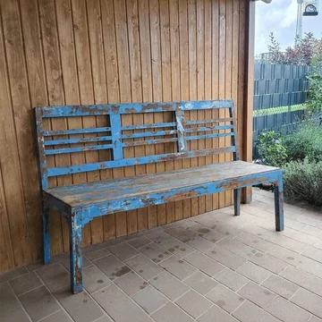 Unique one of a kind - distressed bench - slatted backrest - blue - wooden