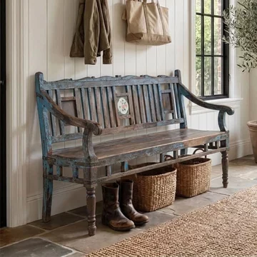 Unique one of a kind - distressed bench - with tiles backrest - blue - wooden