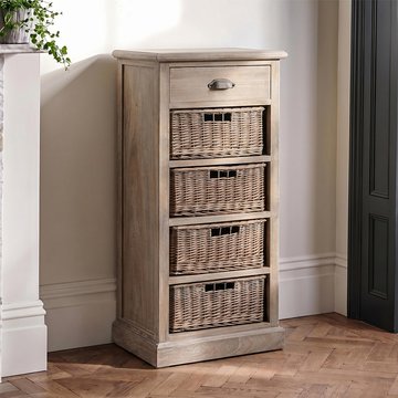 Narrow cabinet - 1 drawer - 4 rattan basket - grey wood