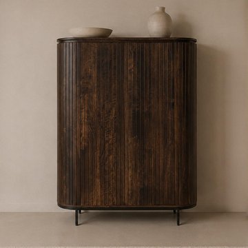 Noor curved fluted hall cabinet - 2 door - walnut - mango wood