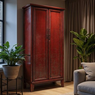 Unique one of a kind - distressed storage cabinet - 2 door - 2 drawer - red - wooden