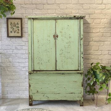 Unique one of a kind - distressed storage cabinet - 2 door - vintage green - lacquered pine wood