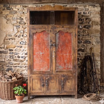 Unique one of a kind - distressed storage cabinet - 5 door - orange - glass and wood