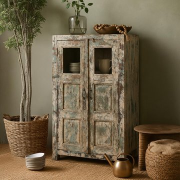 Unique one of a kind - distressed hall cabinet - 2 door - multi tone - glass and wood