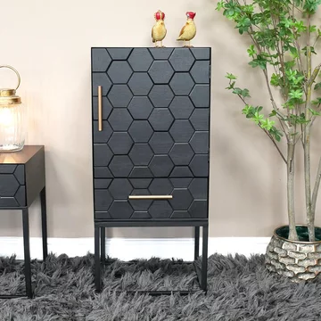 Hall cabinet - black - 1 door - 1 drawer - metal & wood