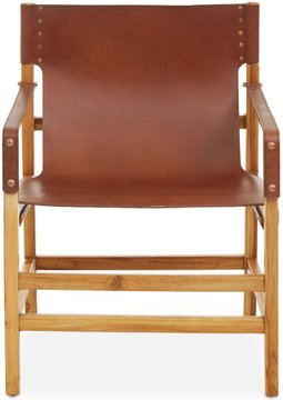 Kendari lounge chair - vintage brown leather with teak wood - with footrest