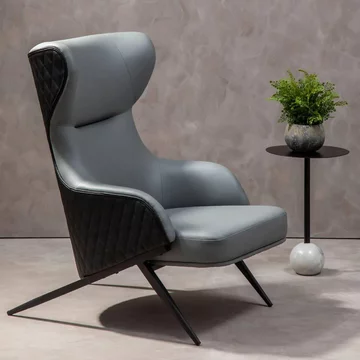 Kiev armchair - wing back - grey fabric and black faux leather