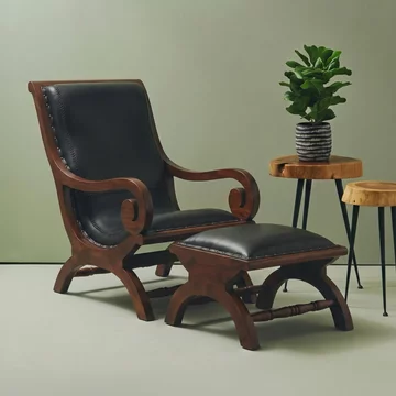 Inca chair - black leather with teak wood - lounge with footstool