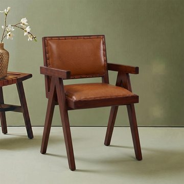 Inca chair - brown leather with teak wood - large angular