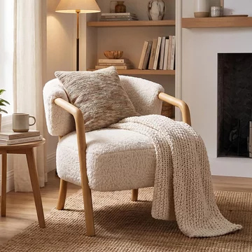Dakar lounge armchair - curved back - beige and natural - fabric and rubberwood