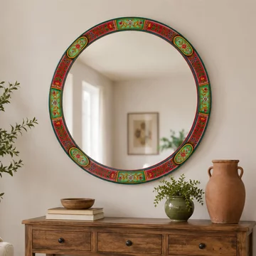 Mumbai painted wall mirror - round - multi-color - wood - 75cm x 3cm
