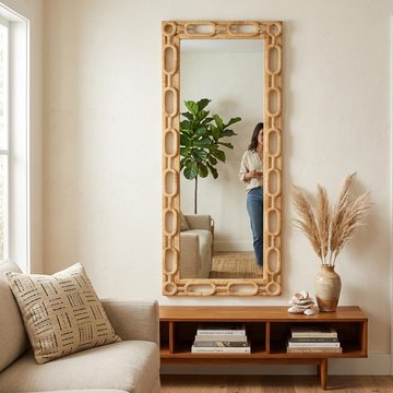 Ring wall mirror - large - natural - rattan and wood - 67cm x 172cm
