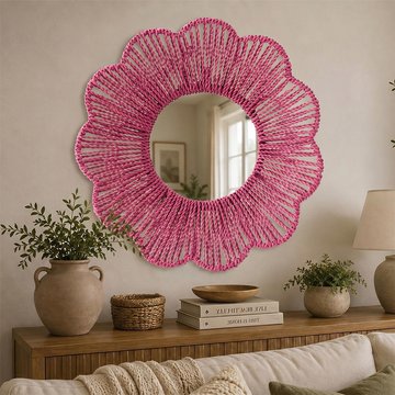 Wall mirror - round - dark pink - raffia - 50cm x 10cm