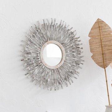 Sun wall mirror - round - white washed - wood - 100cm x 3cm