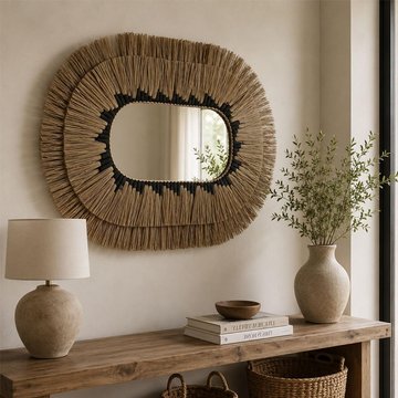 Wall mirror - oval - pattern 2 layers - natural and black - seagrass - 115cm x 90cm