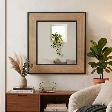 Molly exotic wall mirror - square - natural and black - rattan and wood - 80.5cm x 3cm