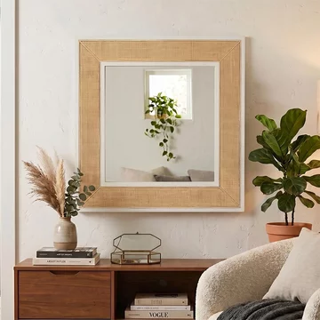 Molly exotic wall mirror - square - natural and white - rattan and wood - 80.5cm x 3cm