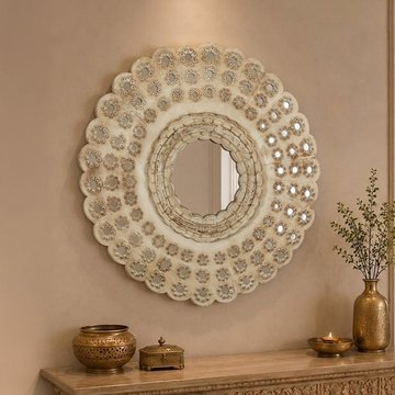 Wall mirror - round - ornate design - sand - teak wood - 76cm x 76cm